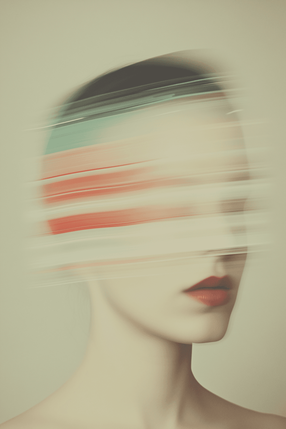 Portrait blurred into streaks of mint, coral and cream