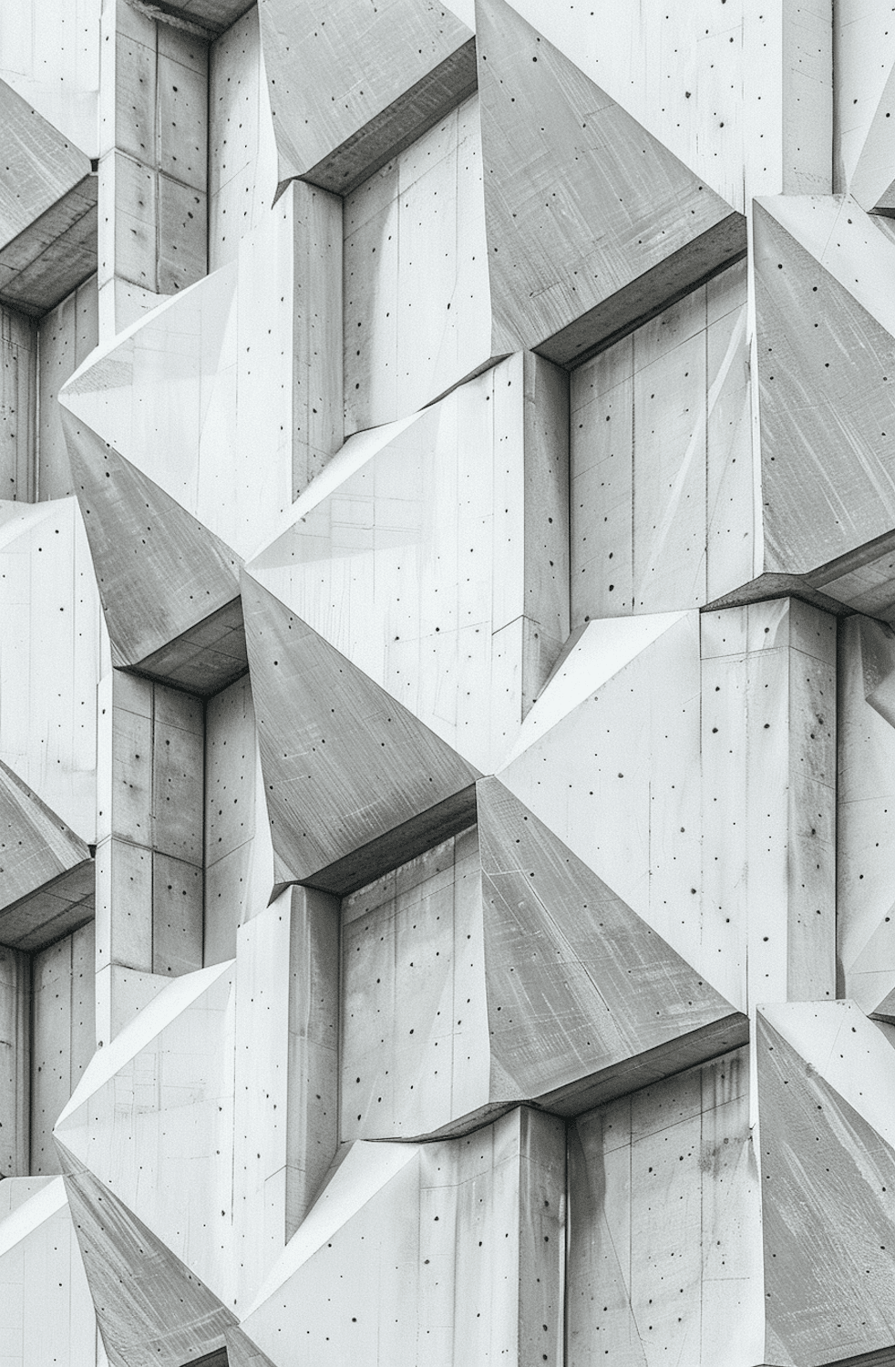 Faceted white concrete facade of angular geometric panels