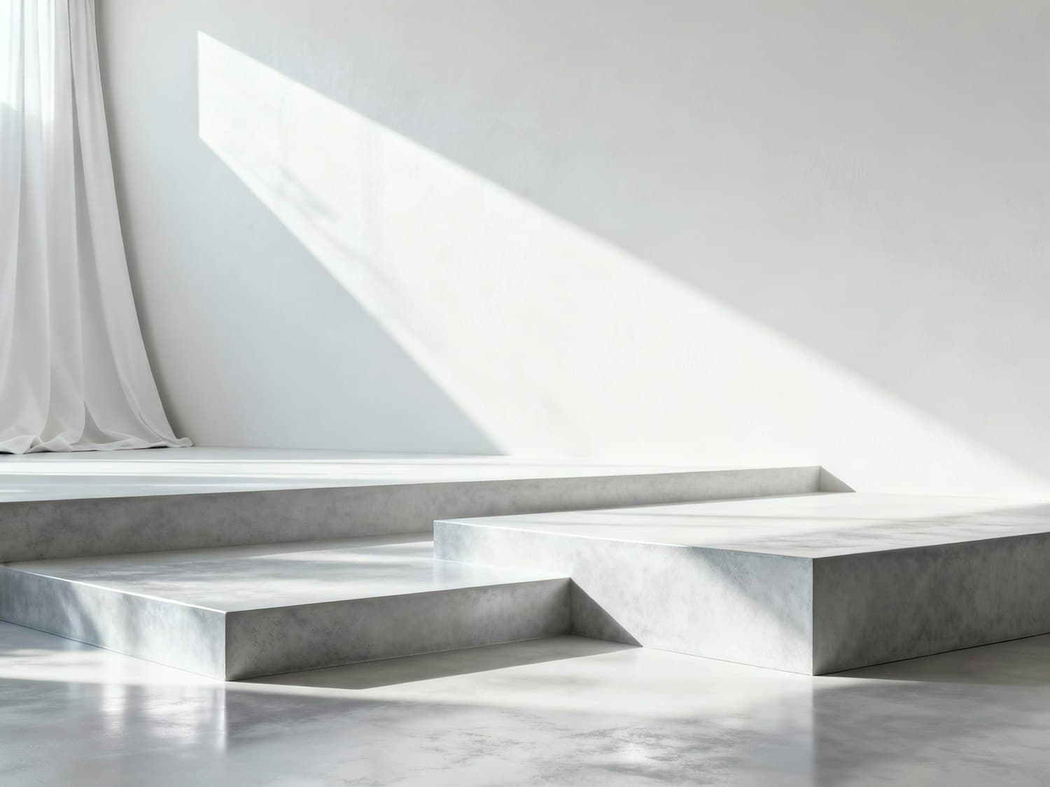 Concrete interior with soft white curtains and shadows from natural light
