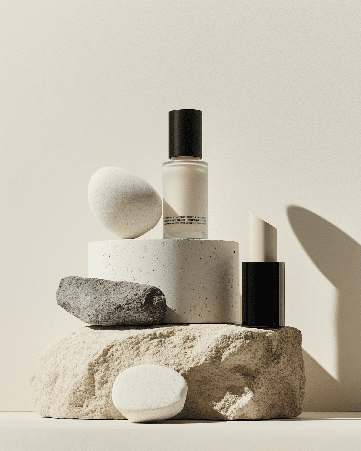 Aura bottles arranged with smooth stones on a beige surface